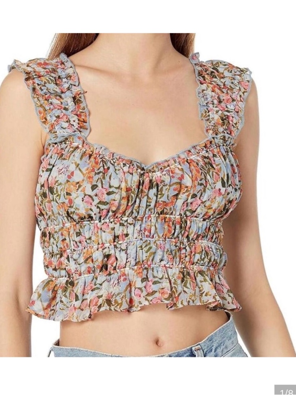 Astr Rose-Print Smocked Ruffle Crop Top - Blue Multi